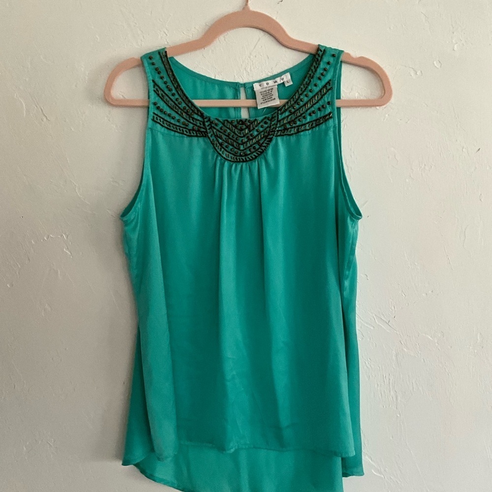 Como Teal Beaded Embellished Sleeveless High Low Top Large